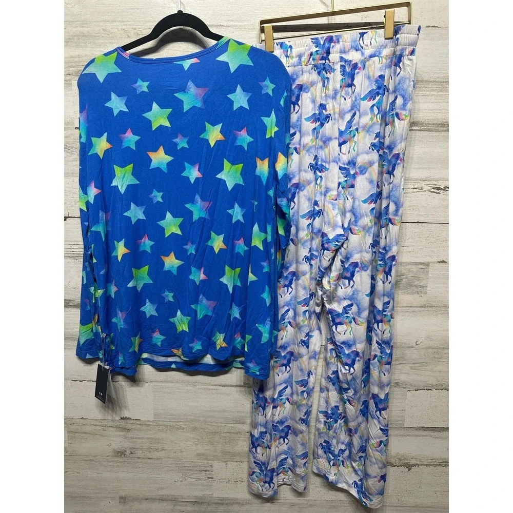 Hanlyn Collective Pajama Set‎ Womens XL Blue Star Unicorn Rainbow Bamboo NWT